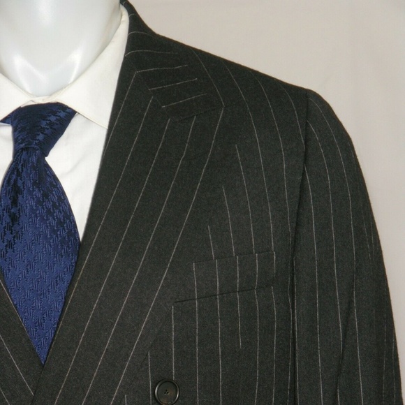 Paul Stuart Custom Charcoal Striped Peak Lapel Double Breasted Suit 42ST